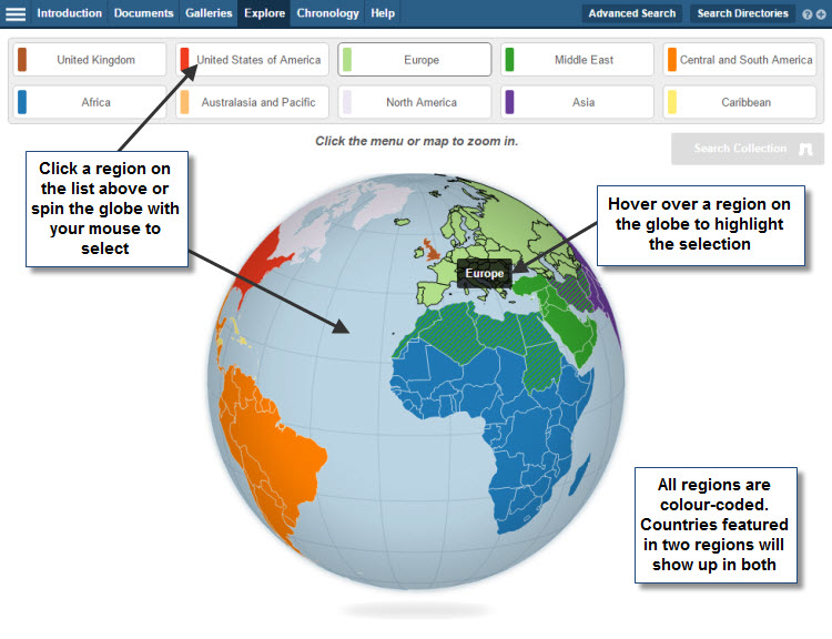 Screenshot of the Interactive World Map, showing a globe. The regions are colour coded on the globe and countries that appear in two regions show up in both selections (and both colours). Users can find results for specific countries either by clicking on the list of regions at the top or by manually spinning the globe and clicking on the desired area. Hovering over a region with your mouse will highlight it.